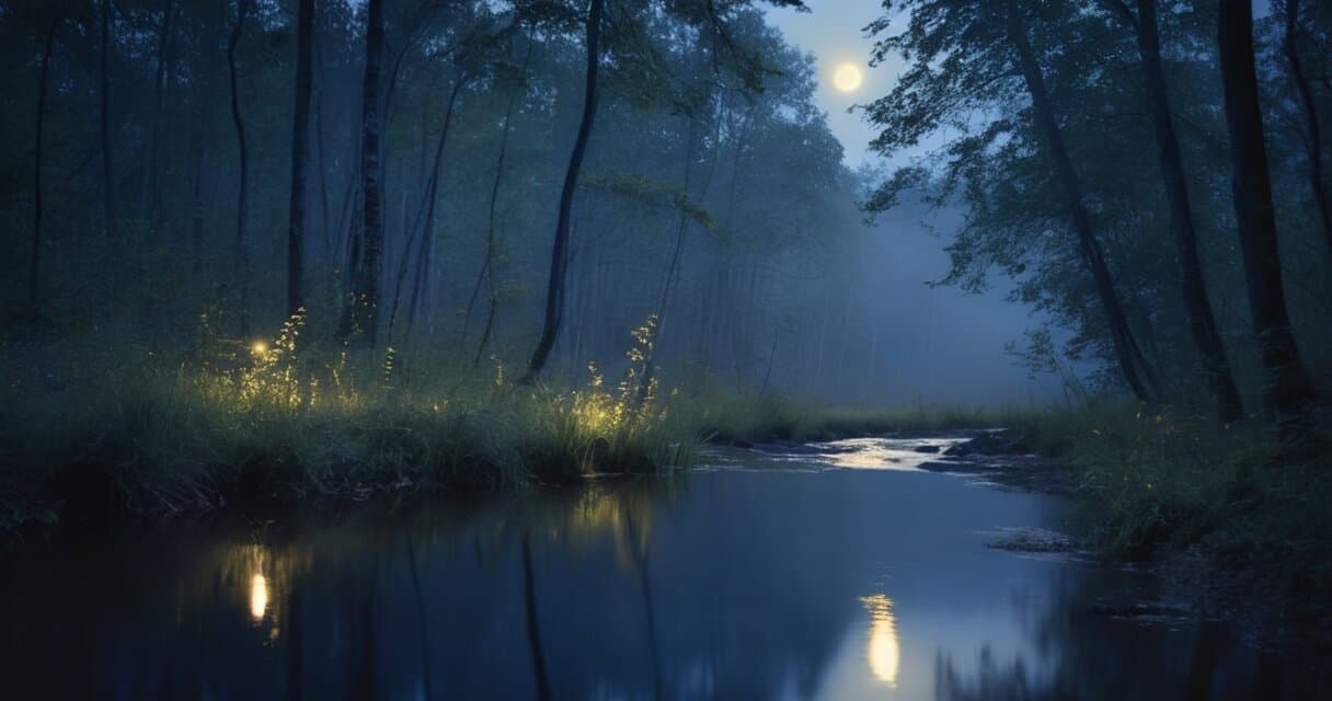 A calm shoreline at night with a low fire glowing on the sand under stars
