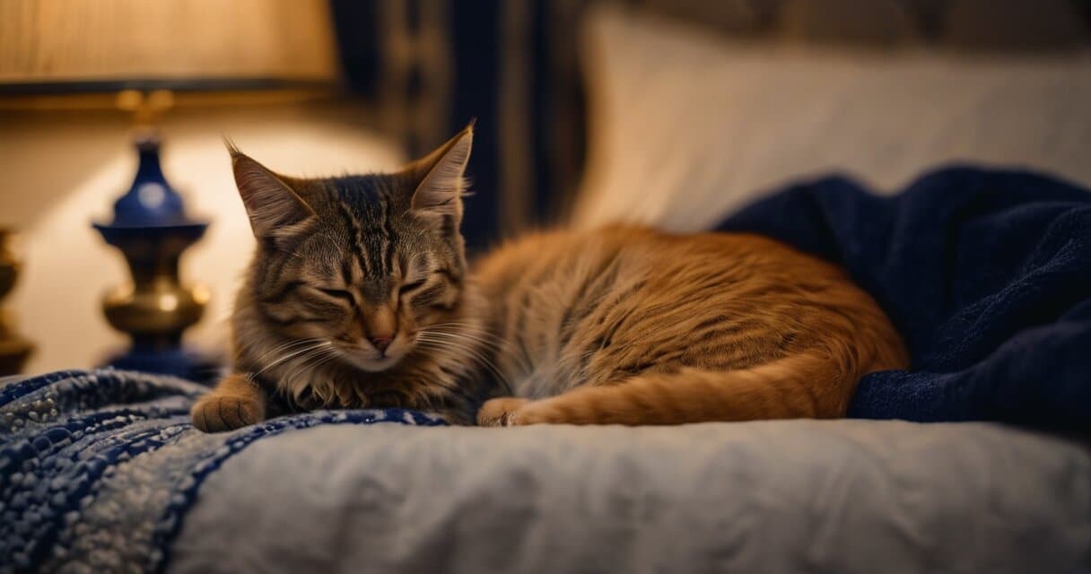 A dog and a cat asleep together on a bed in soft warm lamplight at night