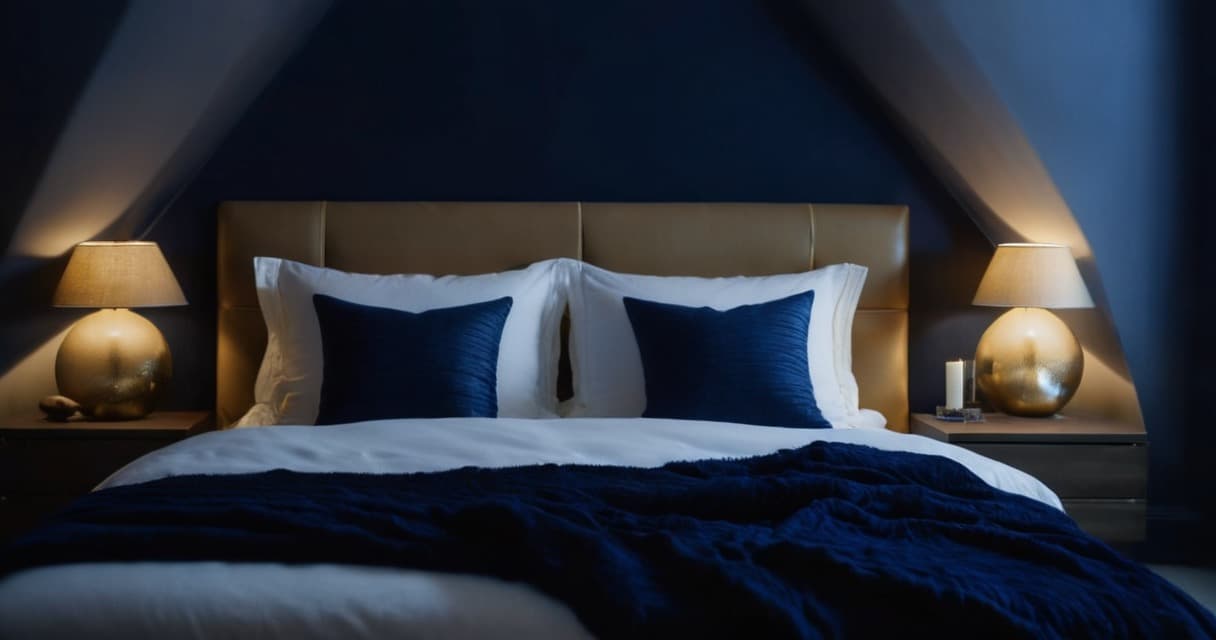 A dark peaceful bedroom at night with a soft even hush in the air, warm dim light