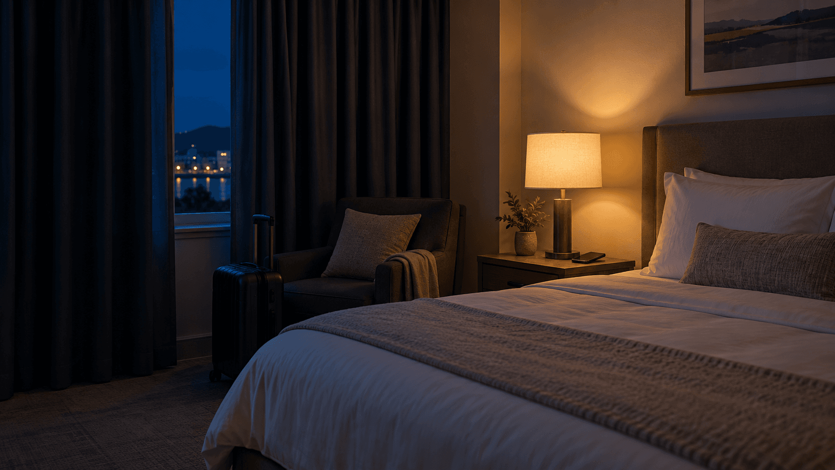 A quiet hotel room at night, with a softly lit bedside lamp and a travel bag beside a chair