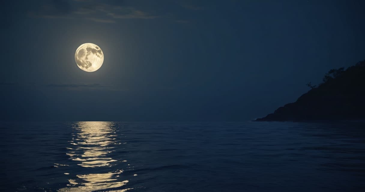 A calm ocean at night under a full moon with soft glowing waves