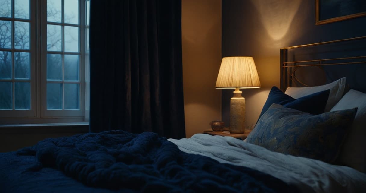 A cozy dark bedroom at night with soft moonlight and a warm dim lamp