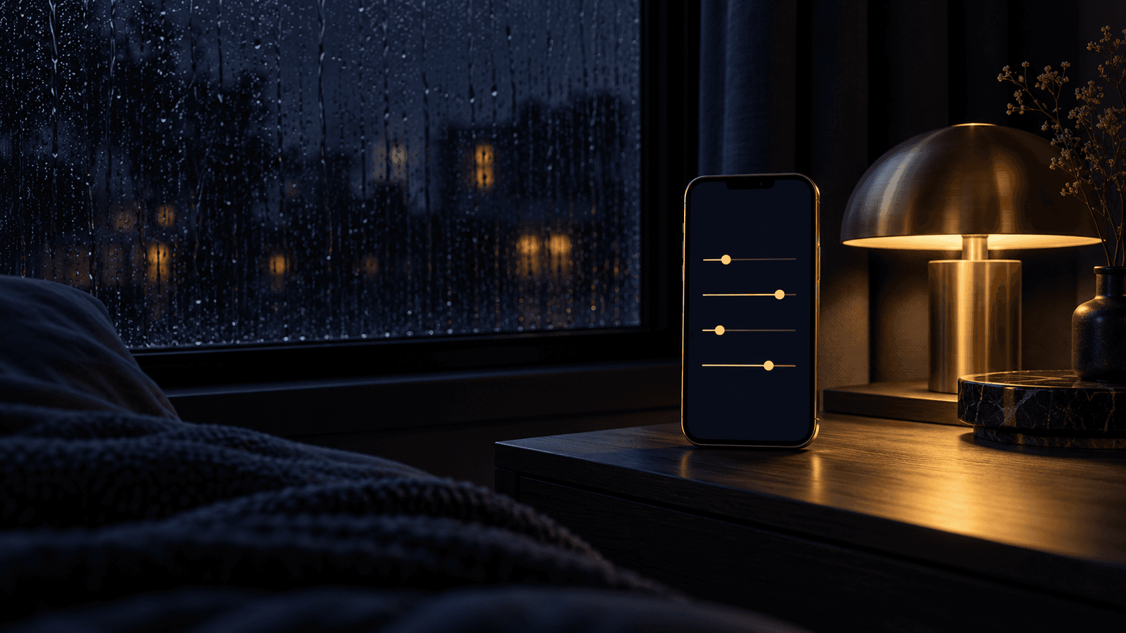 A phone on a nightstand at night showing soft gold sliders, beside a warm lamp, with a rain-streaked window behind.