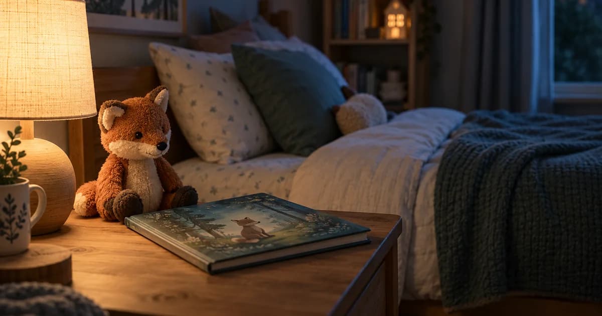 A closed picture book and soft fox toy on a bedside table in a calm, warmly lit child's bedroom