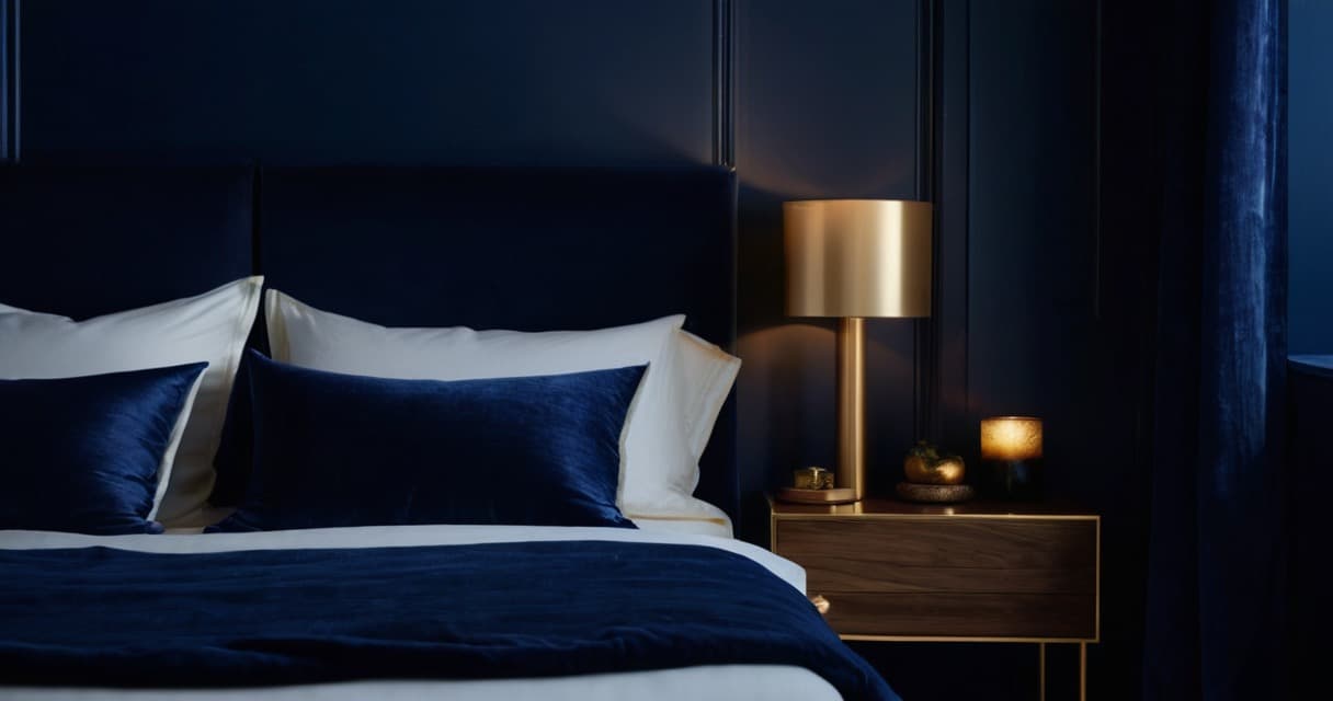 A dark, restful bedroom at night with soft warm light, evoking a gentle even wash of sound