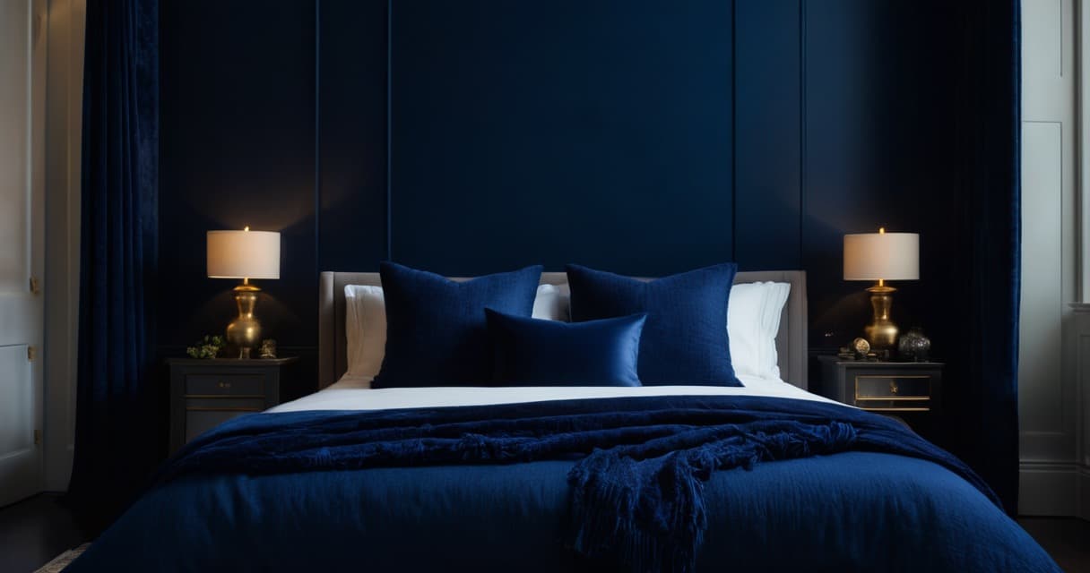 A calm dark bedroom at night with a deep restful indigo tone and soft warm accents