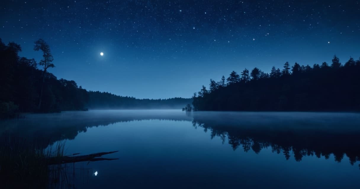 A still moonlit lake under a deep indigo starry night sky