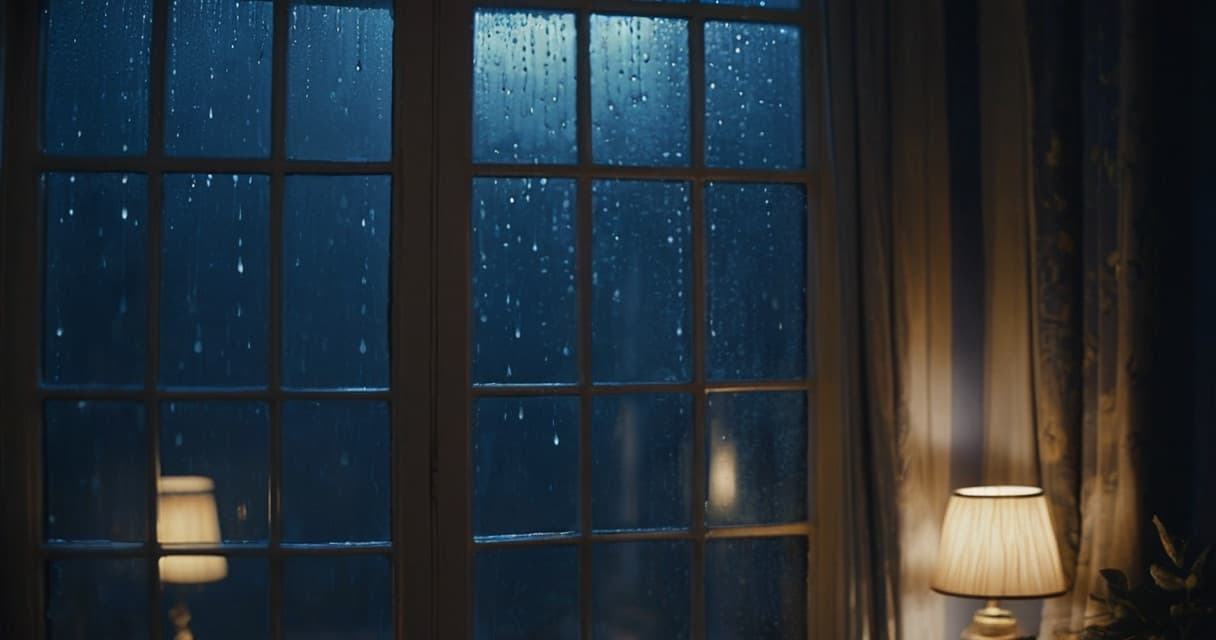 Rain streaking down a dark window at night with a warm lamp glowing inside