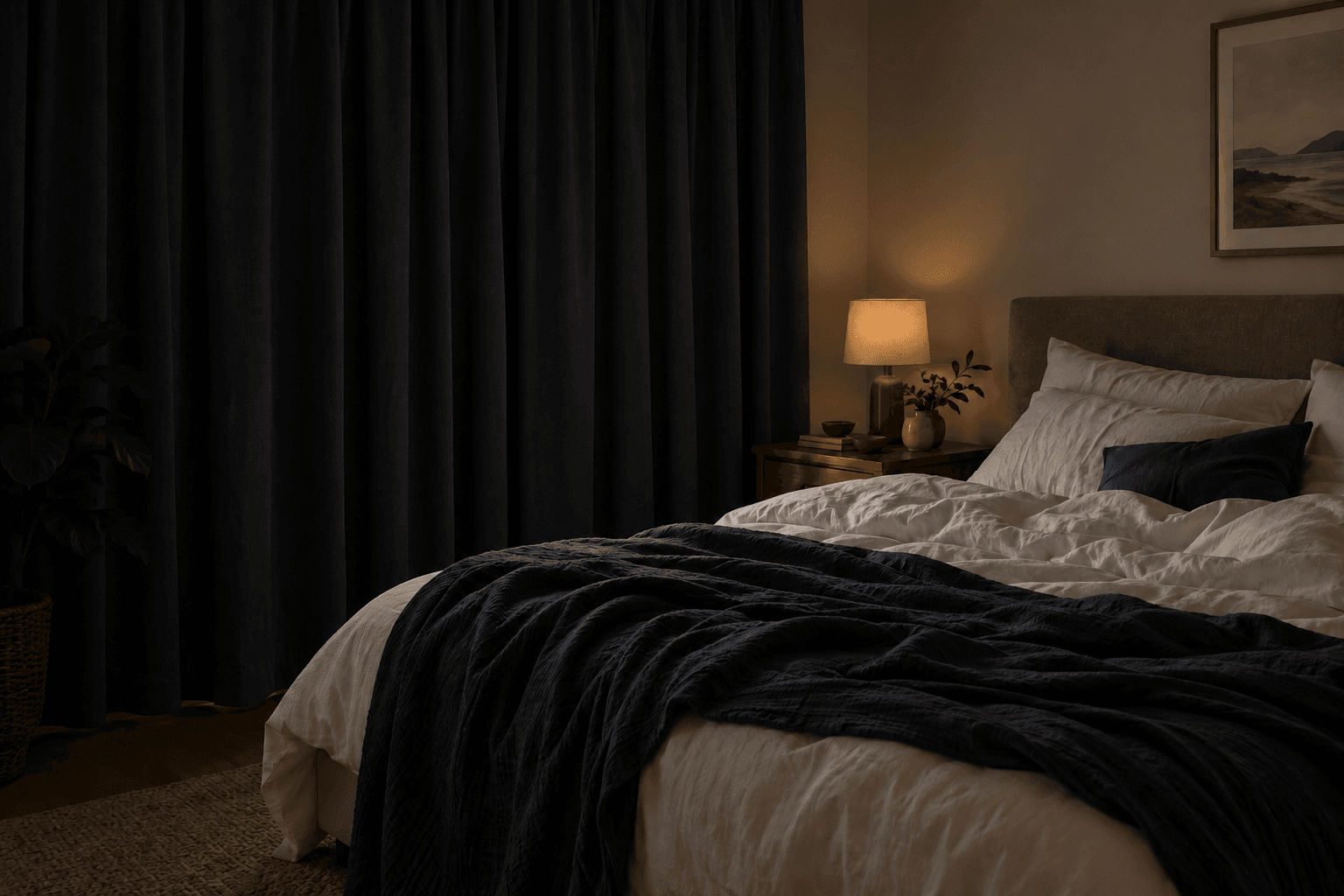 A quiet, softly lit bedroom prepared for daytime sleep, with blackout curtains and a neatly made bed