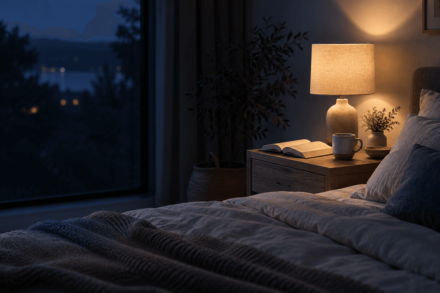 A warmly lit bedside table with an open book beside a softly made bed at night