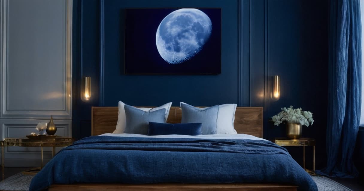 A calm dark bedroom at night lit by the soft glow of a television playing an ambient nighttime scene