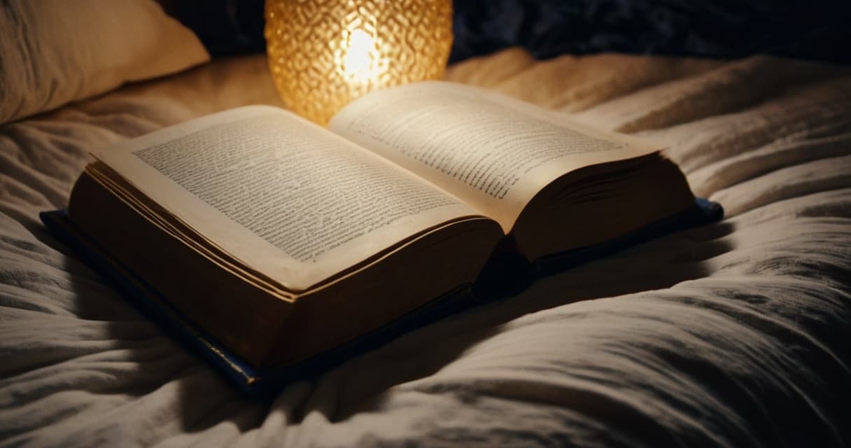An open book resting on a bed in warm lamplight at night