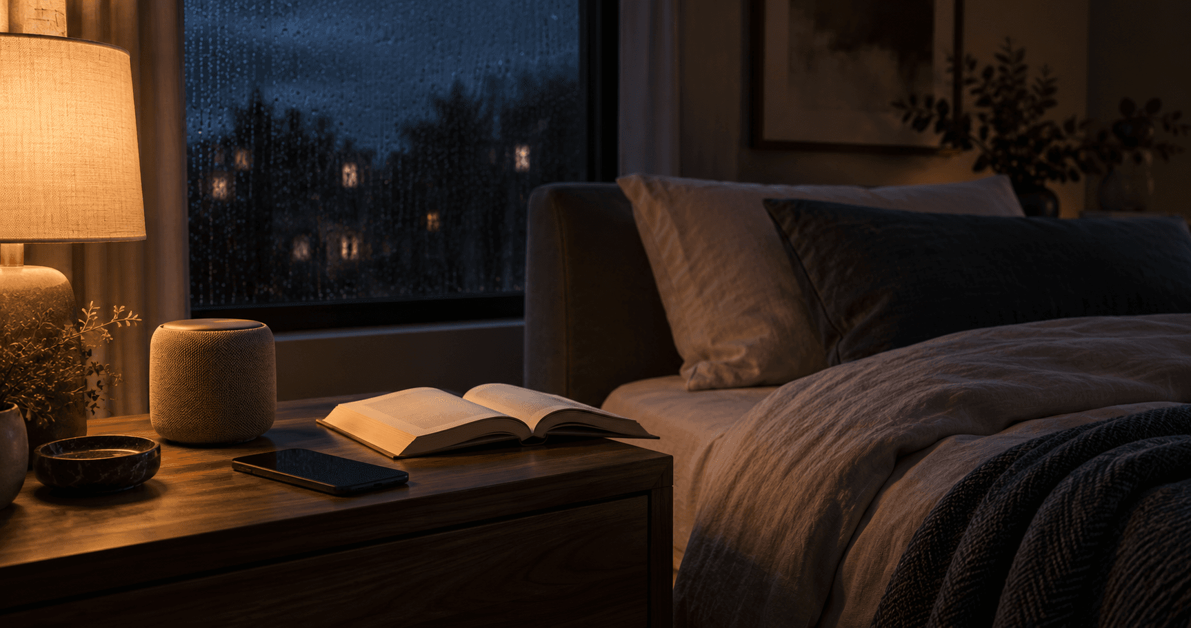 A quiet bedroom at night with an open book, small speaker, and phone resting on a bedside table