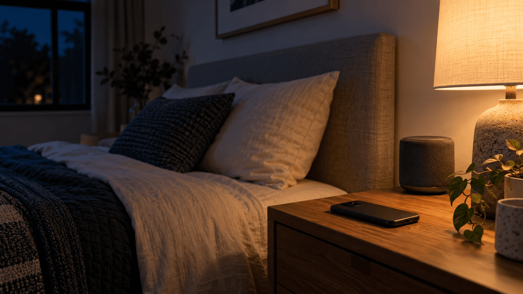 A phone and small speaker on a bedside table in a quiet, warmly lit bedroom at night
