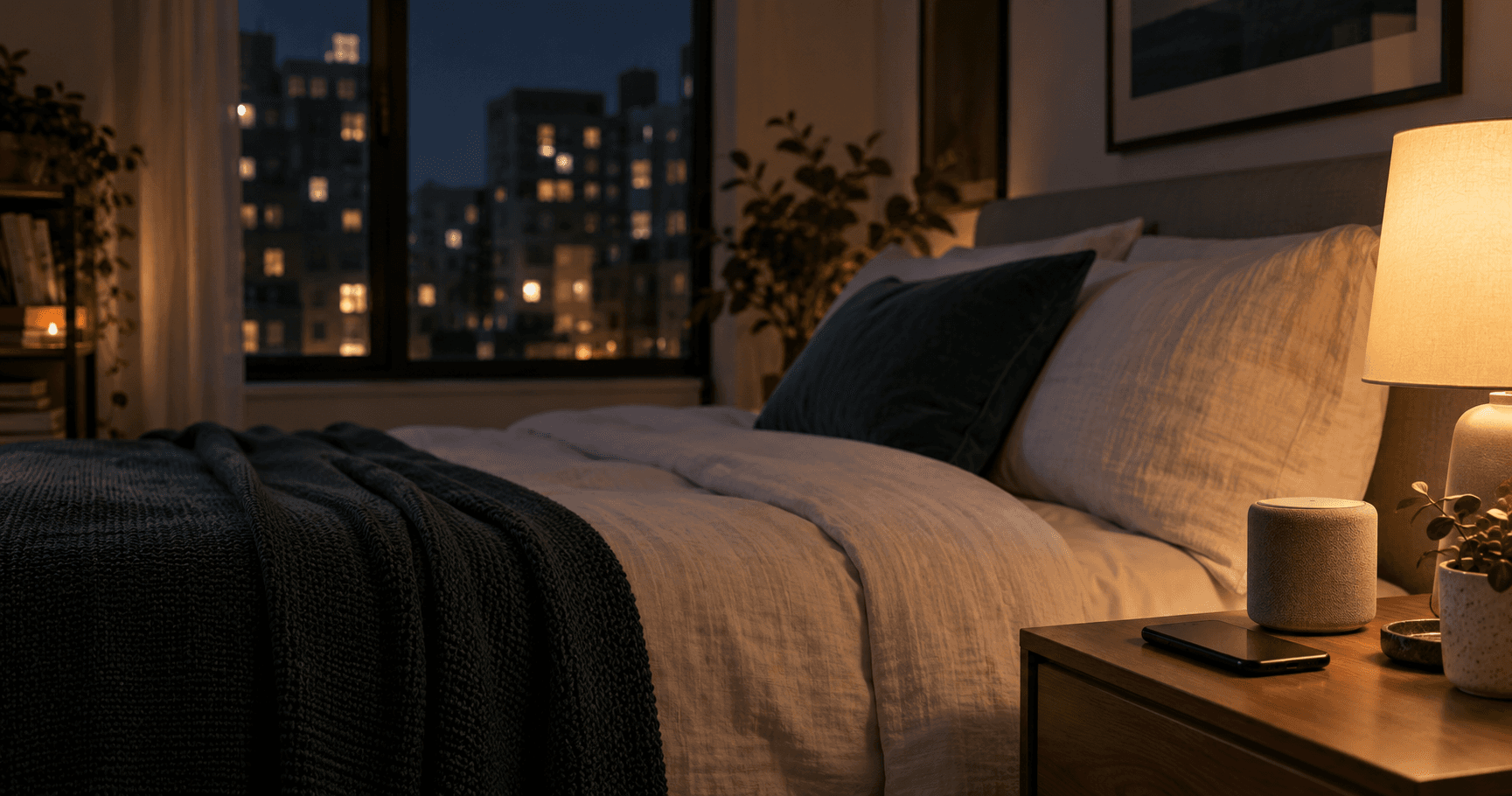A quiet city apartment bedroom at night with a phone and small speaker on the bedside table