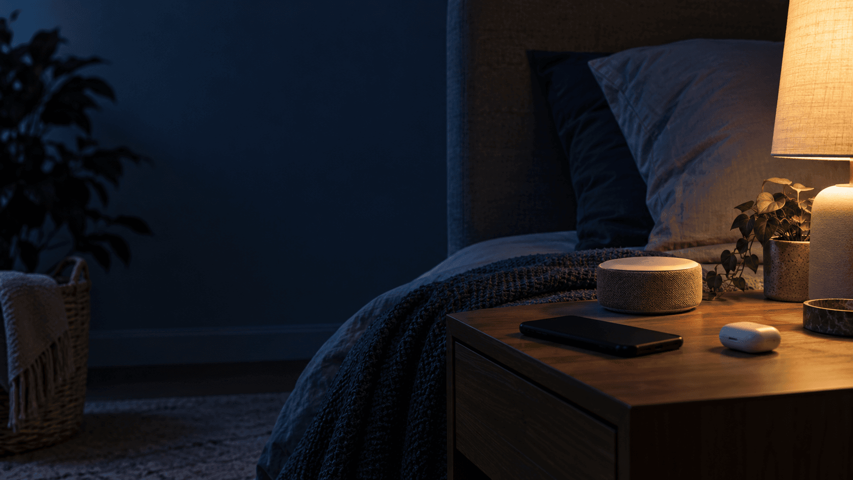 A bedside speaker and dark phone on a nightstand, with an earbud case set aside in a calm bedroom