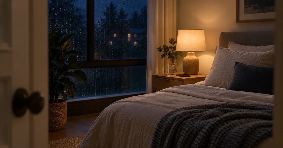 A quiet bedroom at night with rain on the window, a dim bedside lamp, and a phone face down beside a glass of water