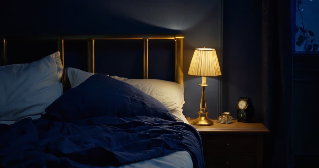 A quiet dark bedroom at night with a soft warm bedside lamp and rumpled sheets